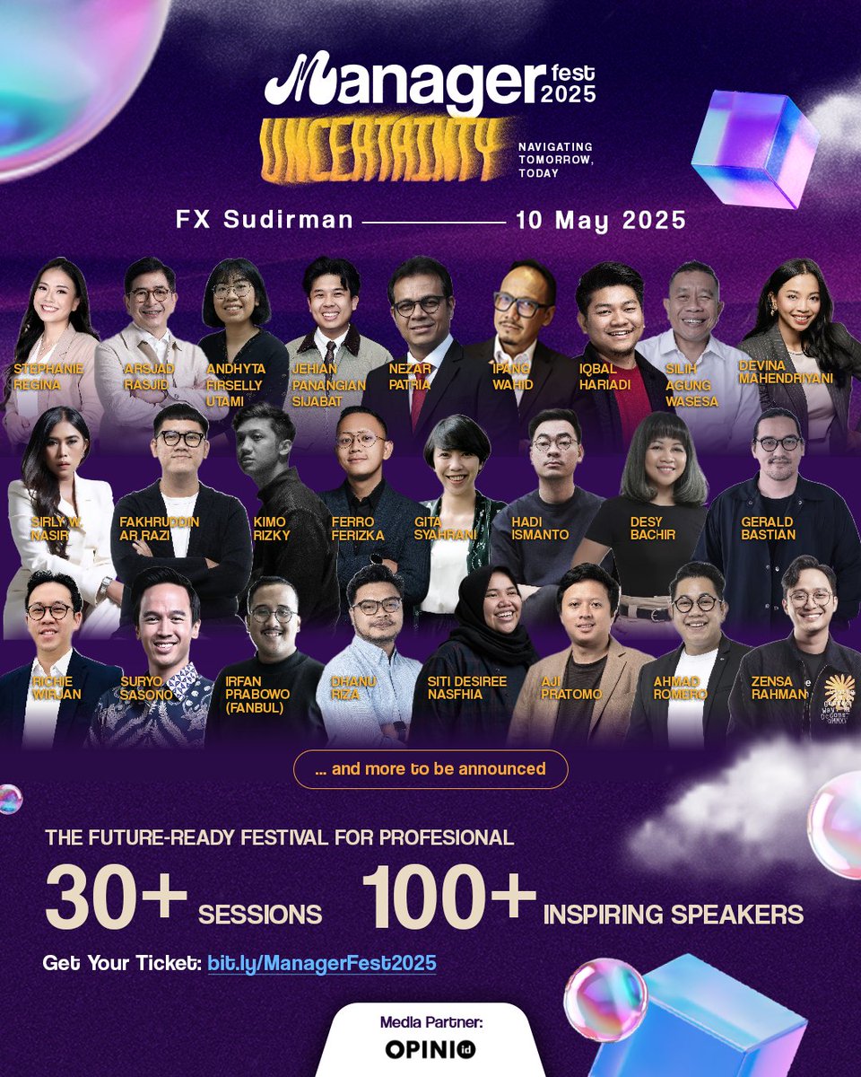 More than just a festival, it’s a shared celebration, built by and for professionals who show up for one another. 

📚 30+ sessions
🎤 100+ speakers
🗓 10 May 2025 | 📍 FX Sudirman

Buy your tickets for Manager Fest 2025 here: bit.ly/ManagerFest2025