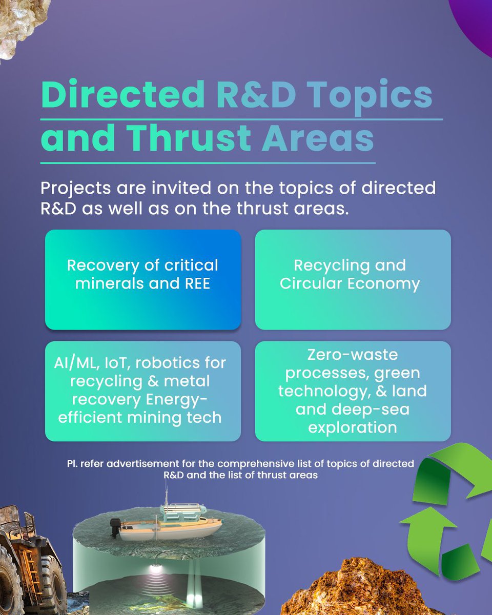 IndiaDetail's tweet photo. Calling innovators! 🌟 Ministry of Mines invites project proposals under its S&amp;T Programme, focusing on critical minerals, rare earths, recycling &amp; sustainable mining. 🛠️

Apply by 31 May 2025 via SATYABHAMA

Portal: https://t.co/K4WV9BNUoc
.
.
.
#PahalgamTerrorAttack #KAOPP https://t.co/uFxlwhhlzQ