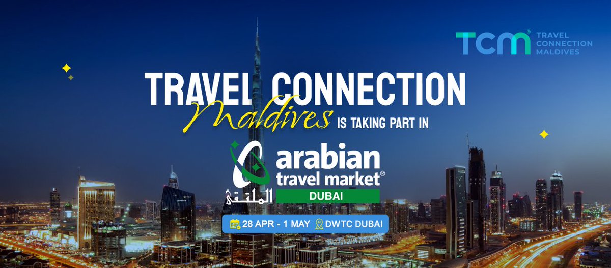 🌍 Travel Connection Maldives at ATM 2025 – Dubai! 🌴✈️

We’re excited to announce that Travel Connection Maldives will be attending Arabian Travel Market (ATM) 2025 from April 28 to May 1 at the Dubai World Trade Centre!

📍 Find us at:
 Hall: 7
 Stand No: AS8210
 Table No: C18
