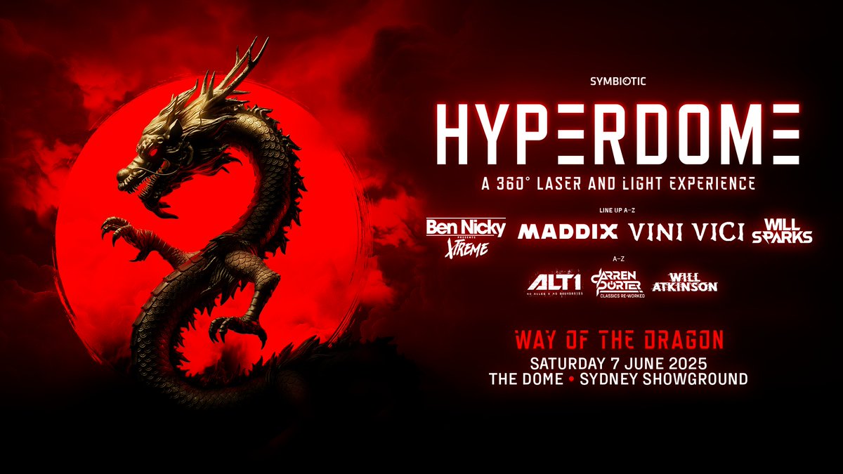 Symbiotic brings Sydney an unforgettable night inside the BIGGEST Dome in the Southern Hemisphere, powered by a mind-blowing 360° laser and light experience like no other. ⚡🐉

Australia’s most immersive rave is calling—don’t miss your chance! 🎟️👉 tblink.to/Hyperdome25
