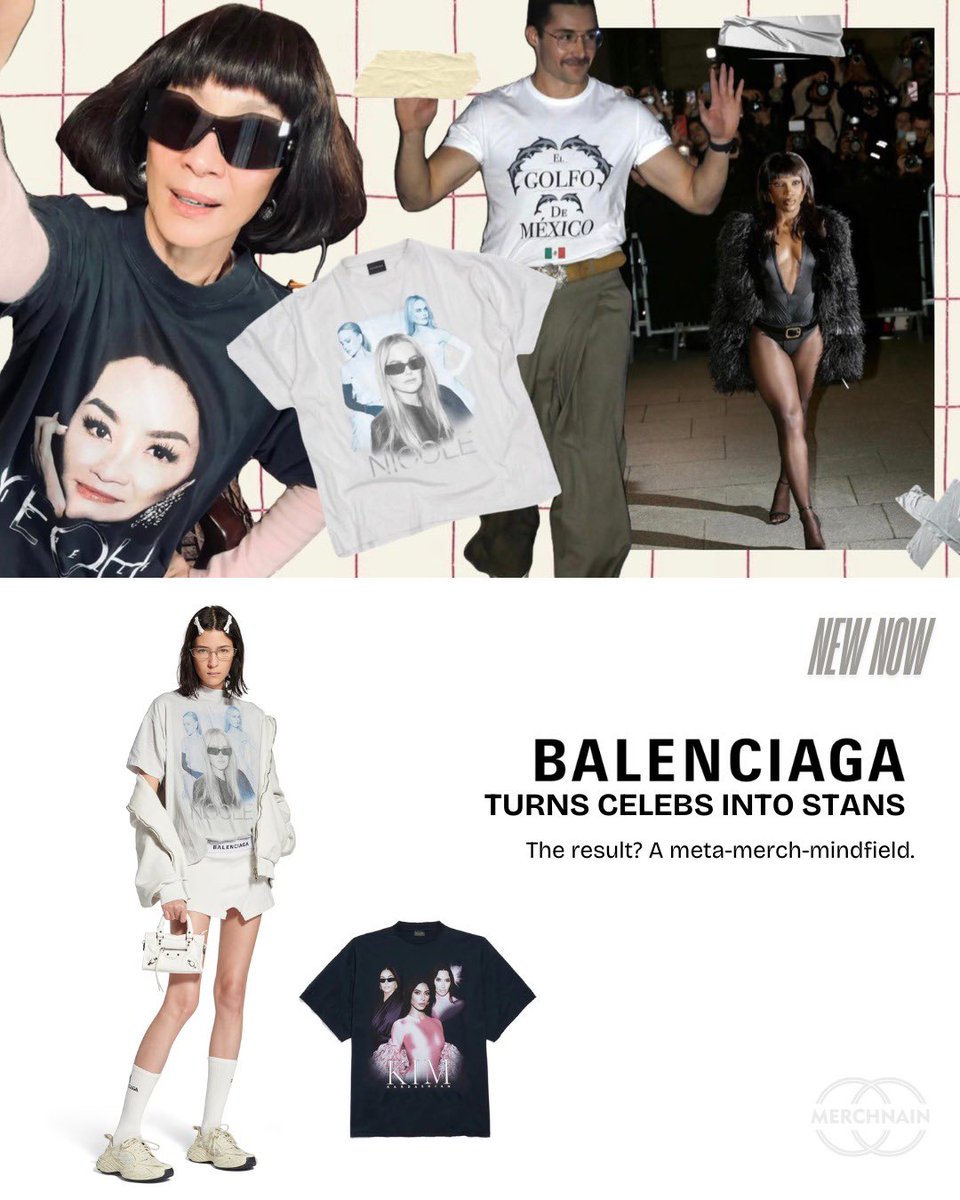 xMerchnain's tweet photo. @BalenciagaHQ just turned celebrity worship into wearable art. 👀🔥 AW25 features tees with Kim K, Michelle Yeoh, Isabelle Huppert & Nicole Kidman- complete with their own selfies! 📸
Our take: Merch impact continues to grow!
#MetaFashion #BalenciagaAW25 #Merchnain #NewNow https://t.co/6ykiXpB6BE