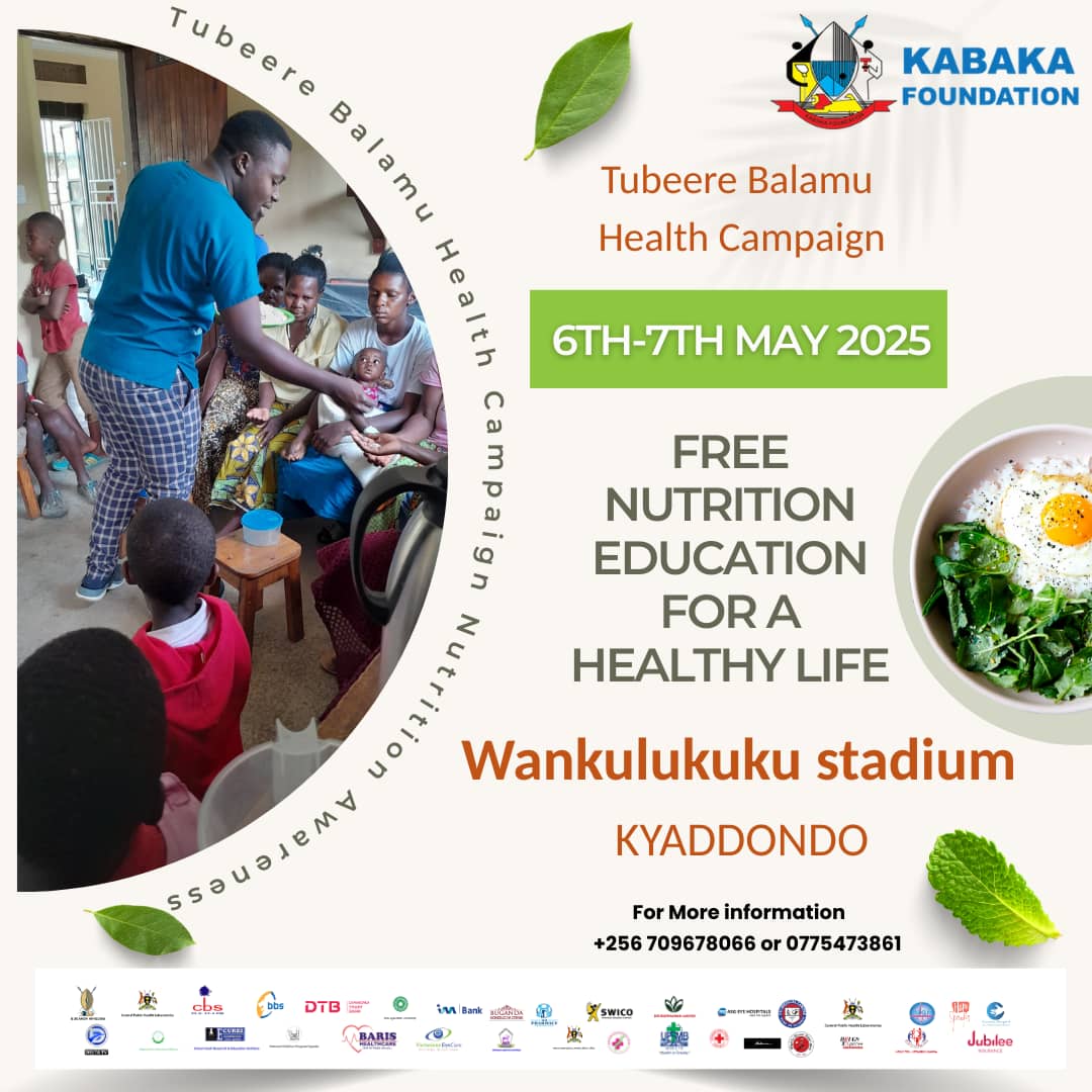 Buganda Kingdom (@bugandakingdom_) on Twitter photo Olusiisira lw’ebyobulamu olwa Tubeere Balamu lugguse mu Kyaddondo. 6-7th May mu kisaawe e Wankulukuku.
Okukebera n'okujjanjaba Endwadde ez’enjawulo byonna ku bwereere.
#TubeereBalamu <a href="/kabakafound/">Kabaka Foundation</a> <a href="/UgandaRedCross/">Uganda Red Cross Society</a> <a href="/ubtsug1/">Uganda Blood Transfusion Service (UBTS)</a> <a href="/MinofHealthUG/">Ministry of Health- Uganda</a> <a href="/MengoHospital/">Mengo Hospital</a> <a href="/Kyaddondo_Ssaza/">SSAZA KYADDONDO</a> Olusiisira lw’ebyobulamu olwa Tubeere Balamu lugguse mu Kyaddondo. 6-7th May mu kisaawe e Wankulukuku.
Okukebera n'okujjanjaba Endwadde ez’enjawulo byonna ku bwereere.
#TubeereBalamu <a href="/kabakafound/">Kabaka Foundation</a> <a href="/UgandaRedCross/">Uganda Red Cross Society</a> <a href="/ubtsug1/">Uganda Blood Transfusion Service (UBTS)</a> <a href="/MinofHealthUG/">Ministry of Health- Uganda</a> <a href="/MengoHospital/">Mengo Hospital</a> <a href="/Kyaddondo_Ssaza/">SSAZA KYADDONDO</a>