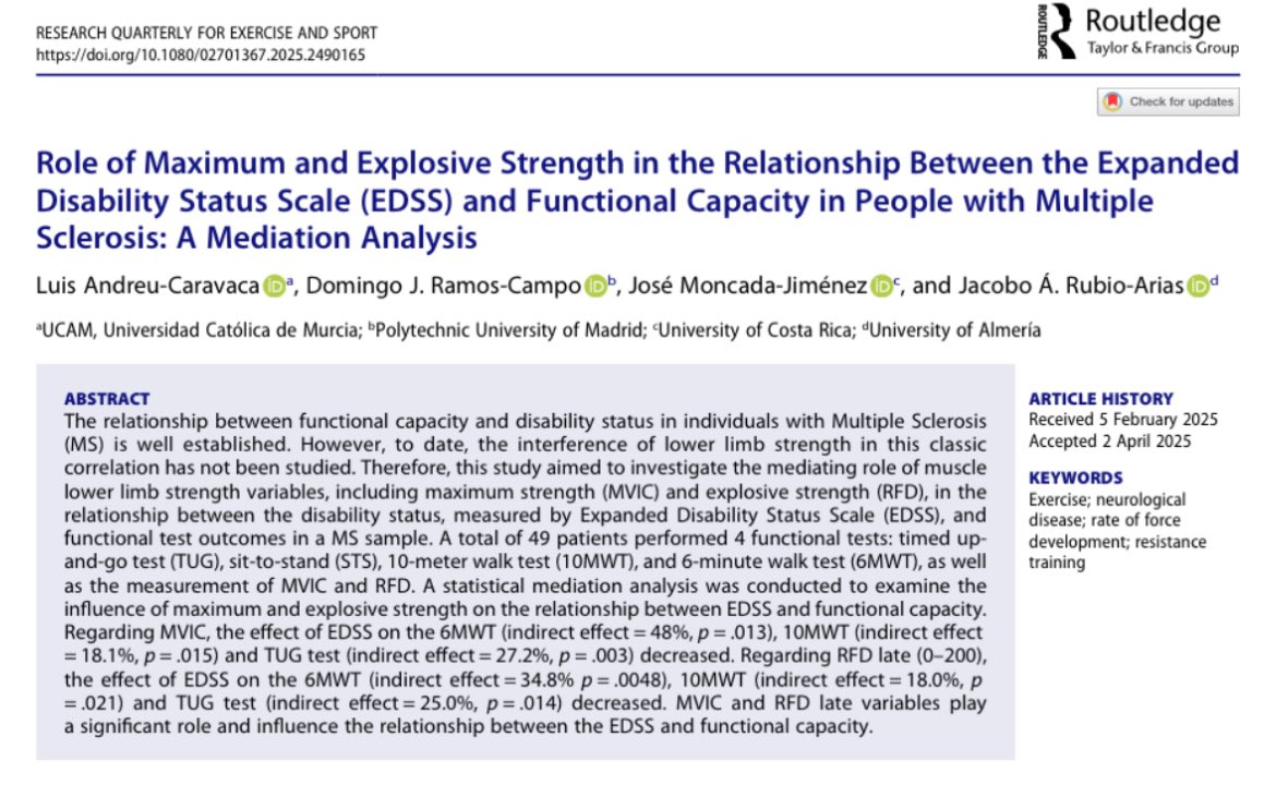 New paper published on the mediating role of lower limb muscle strength in the classic EDSS–functional capacity relationship in patients with multiple sclerosis. Top co-authors from Spain and Costa Rica. 
50 free copies available here: tandfonline.com/eprint/ZUPPBEQ…