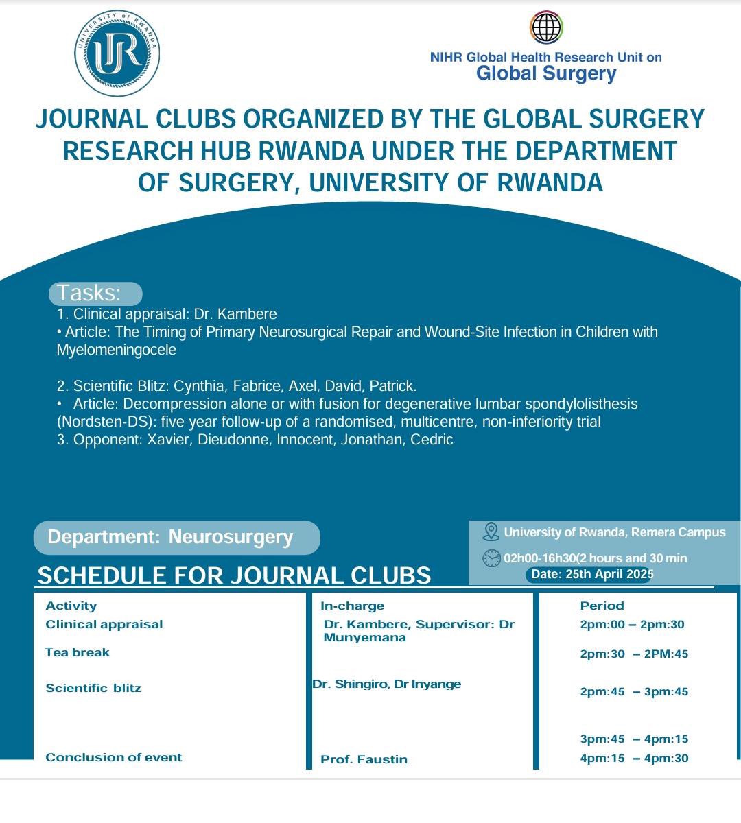 Global Surgery Research Hub Rwanda (@gsu_rwanda) on Twitter photo Are you a student at <a href="/Uni_Rwanda/">University of Rwanda</a>, college of <a href="/UCmhs/">UR-CMHS</a> in the department of #Neurosurgery?, join us tomorrow for a journal club organized by <a href="/GSU_Rwanda/">Global Surgery Research Hub Rwanda</a> for a clinical appraisal and scientific blitz <a href="/Fostino21/">Prof. Faustin NTIRENGANYA</a>, #ClinicalAppraisal, #Surgery #ScientificBlitz Are you a student at <a href="/Uni_Rwanda/">University of Rwanda</a>, college of <a href="/UCmhs/">UR-CMHS</a> in the department of #Neurosurgery?, join us tomorrow for a journal club organized by <a href="/GSU_Rwanda/">Global Surgery Research Hub Rwanda</a> for a clinical appraisal and scientific blitz <a href="/Fostino21/">Prof. Faustin NTIRENGANYA</a>, #ClinicalAppraisal, #Surgery #ScientificBlitz