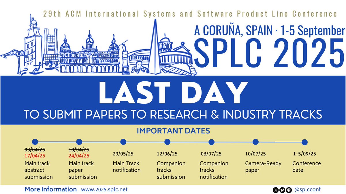 🚨 Today is the last day to submit your papers to the #SPLC2025 Research &amp; Industry Tracks!

🕛 You have until midnight AoE to get those submissions in!
Don’t miss your chance to be part of this year’s SPL community!

🔗 2025.splc.net/call-for-paper…

#SoftwareProductLines #CFP