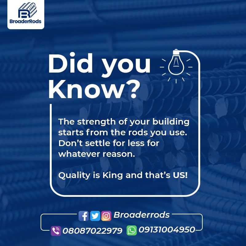 Broaderrods's tweet image. Choosing quality rods saves you from future damages and repairs. Don’t gamble with your building. 

#BuildingTips #ConstructionNigeria #broaderrods #buildingproject #iron #ironrods #construction #constructionsite #Steeldevelopment #deprem Peter Obi #ironseller