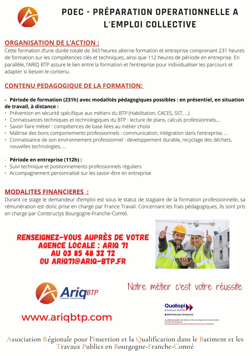 📅 Une POEC (Préparation Opérationnelle à l'Emploi Collective) est proposée à CHALON SUR SAONE du  20 mai au 31 juillet 2025 afin de vous aider à décrocher un emploi identifié dans ce secteur. Pour plus d'informations, 03 85 48 32 72 ou par mail : ariq71@ariq-btp.fr