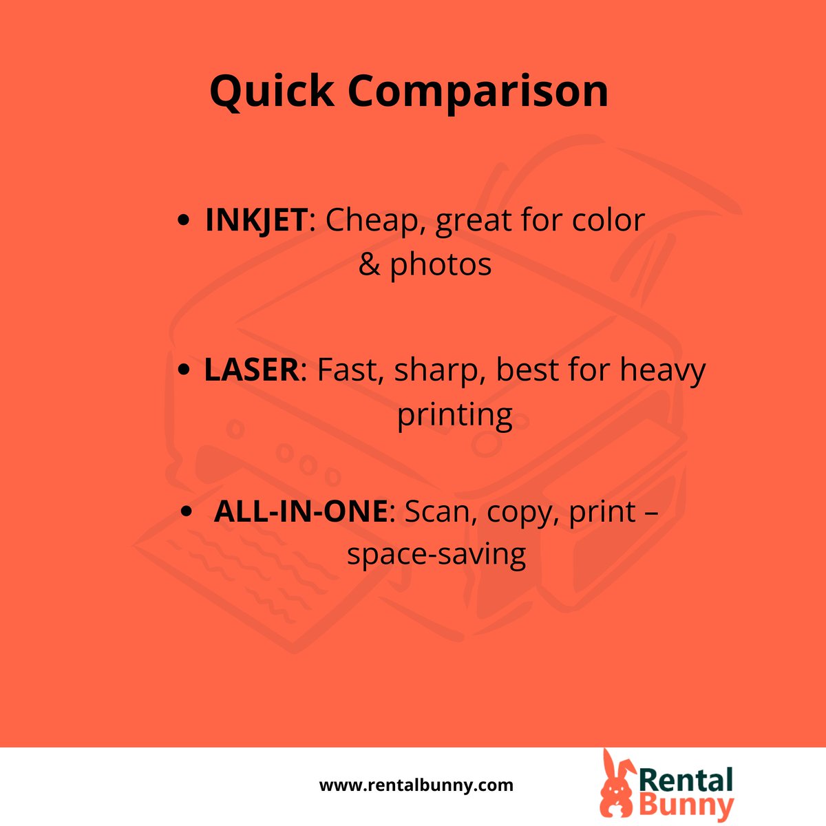 RentalBunny's tweet image. Trying to choose between an Inkjet, LaserJet, or All-in-One printer? Pick the one that fits your printing needs- whether it’s for vibrant photos, high-volume documents, or functionality.
Learn More: rentalbunny.com/blog/best-prin…
#PrinterGuide #InkjetVsLaser #AllInOnePrinter