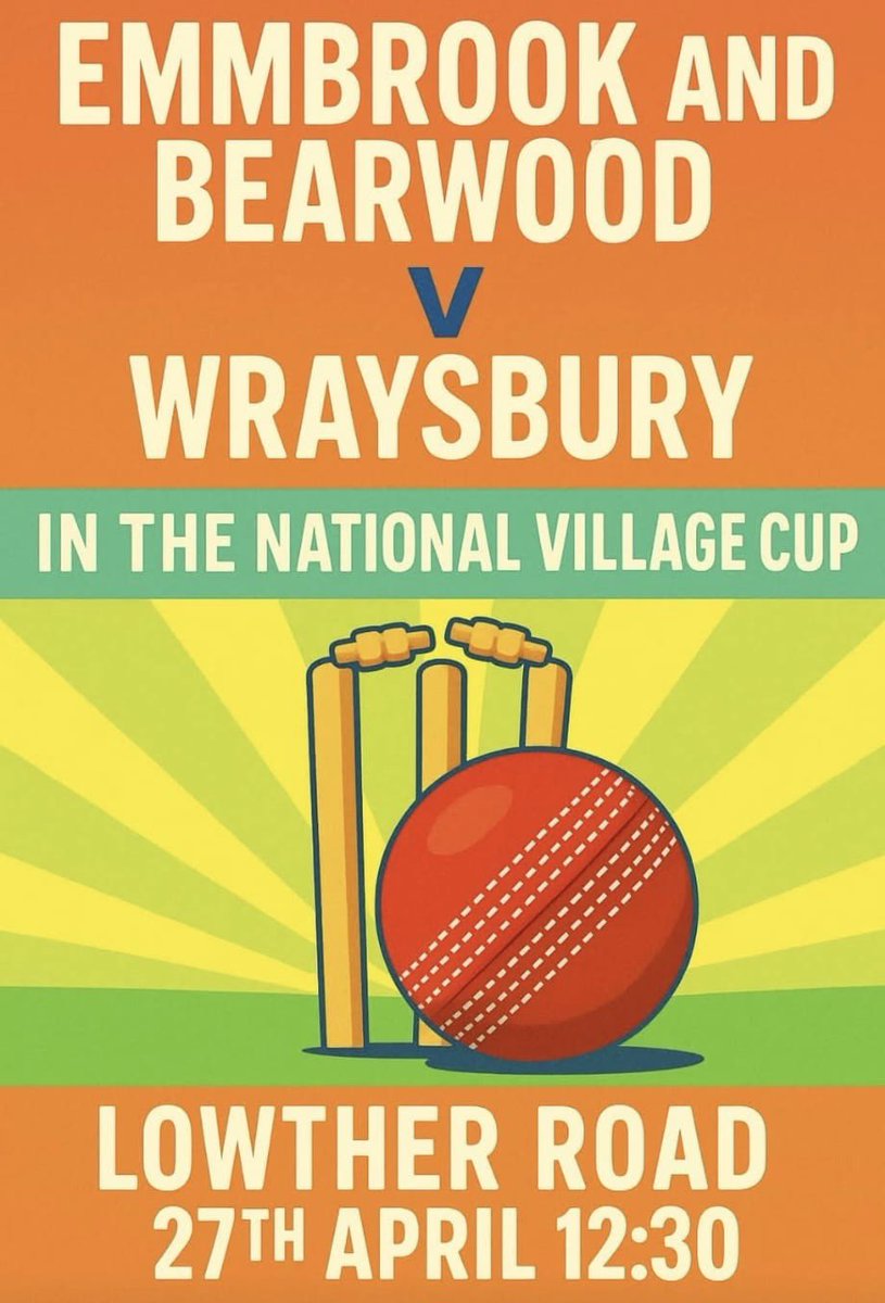EmmbrookSSClub's tweet photo. 🏏SUNDAY 27th APRIL🏏

Come and watch #EmmbrookandBearwood vs Wraysbury in the National Village Cup! 

When- 12:30pm 
Where- Lowther Road, Rg41 1JB https://t.co/DI2kqoCEml