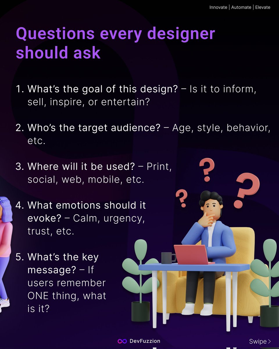 devfuzzion's tweet image. Before opening Figma or Photoshop, pause.
Ask the right questions first goal, audience, medium, emotion, message.
Design is strategy, not just style.
#GraphicDesign #DesignThinking #CreativeProcess #visualdesign #designtips #BrandIdentity @Photoshop