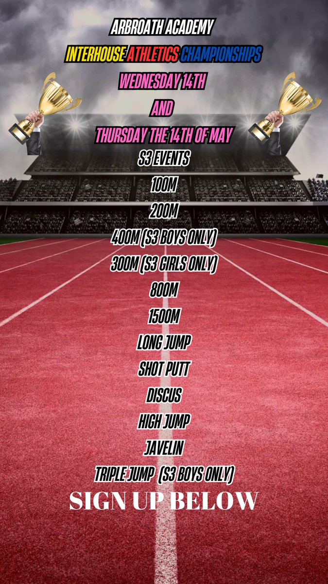🏅🏅🏅ATHLETICS 🏅🏅🏅

The interhouse athletics championships takes place on Wednesday the 14th and Thursday the 15th of May. 

Deadline for sign ups is 7th of May.

Sign up via forms on the link below 

forms.office.com/Pages/Response…
