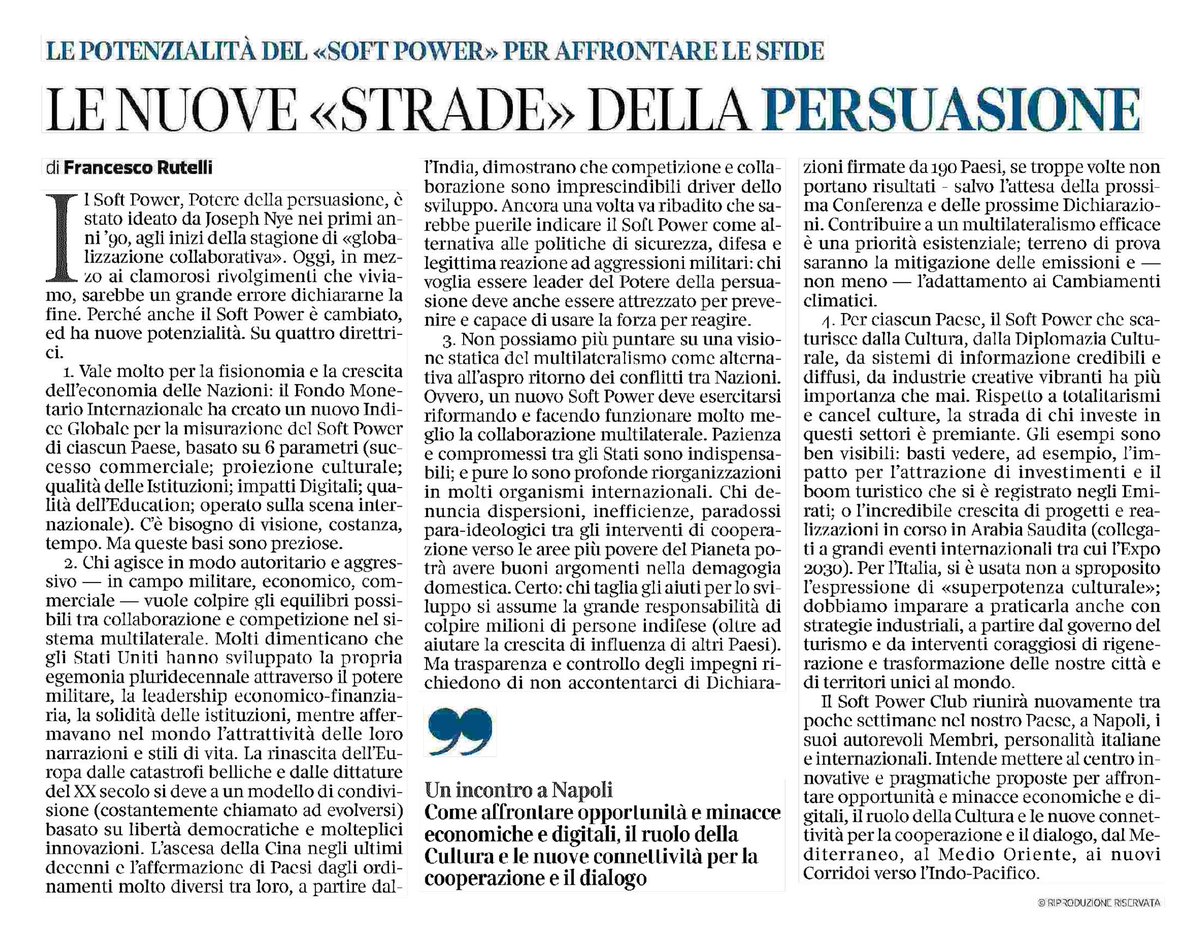 Il mio articolo per il Corriere della Sera sulle prospettive del #SoftPower, oggi ancora più importanti per l’Italia e nel mondo. <a href="/Corriere/">Corriere della Sera</a>