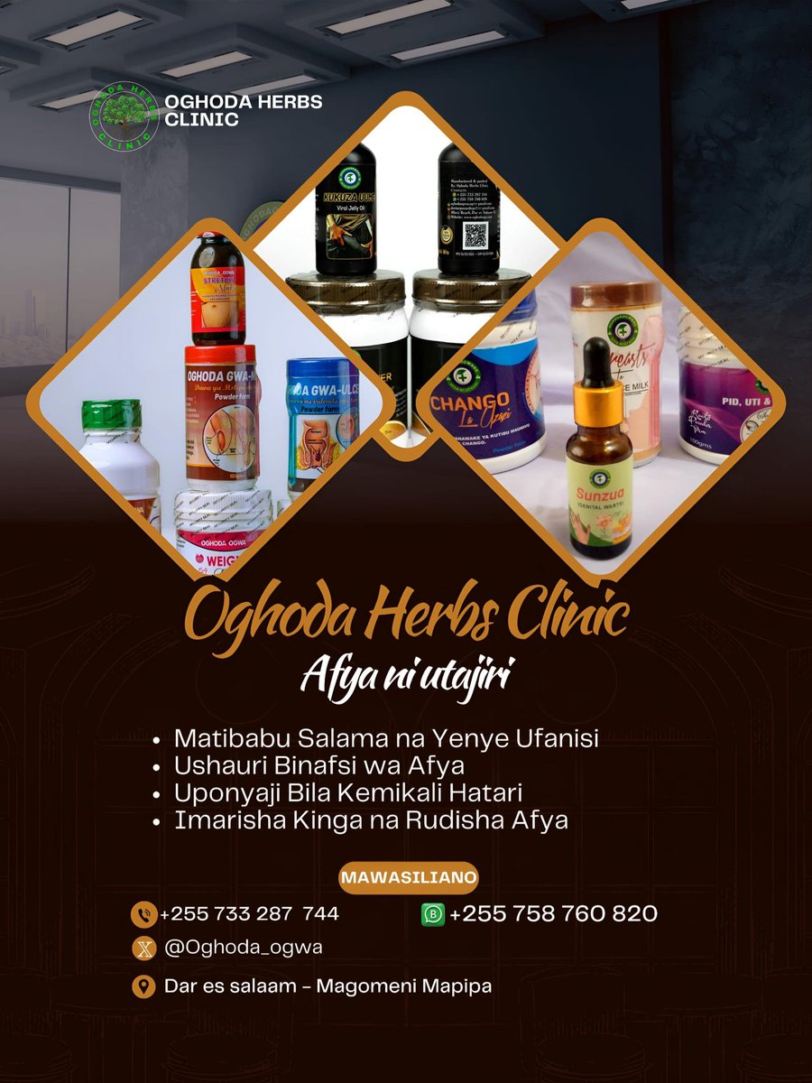 Karibu 𝗢𝗚𝗛𝗢𝗗𝗔🌿 clinic 

 <a href="/Oghoda_ogwa/">OGHODA Herbs🌿 CLINIC</a>

Dawa zetu hazina madhara kabisa,tumezitengeneza kutokana na mizizi ya mitipori🌳🌿🍲 mbalimbali yenye miaka zaidi ya mia moja na bila kuchanganya kemikali yoyote🔥

Tupigie
📞•••
+255733287744

🤗🙏Karibu!!!