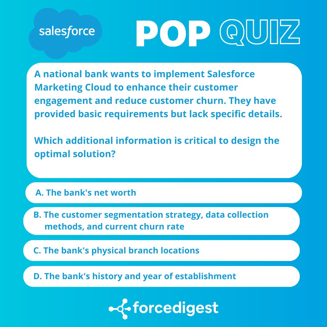 ForceDigest's tweet image. ✨ #ForceDigest Daily Pop Quiz - Salesforce Certified Marketing Cloud Consultant

#SalesforceMarketing #MarketingCloud #SFMC #SalesforceCertified #DigitalMarketing #MarketingAutomation #CustomerEngagement #SalesforceCRM #MarketingTech #MarketingSolutions #SalesforceExpert
