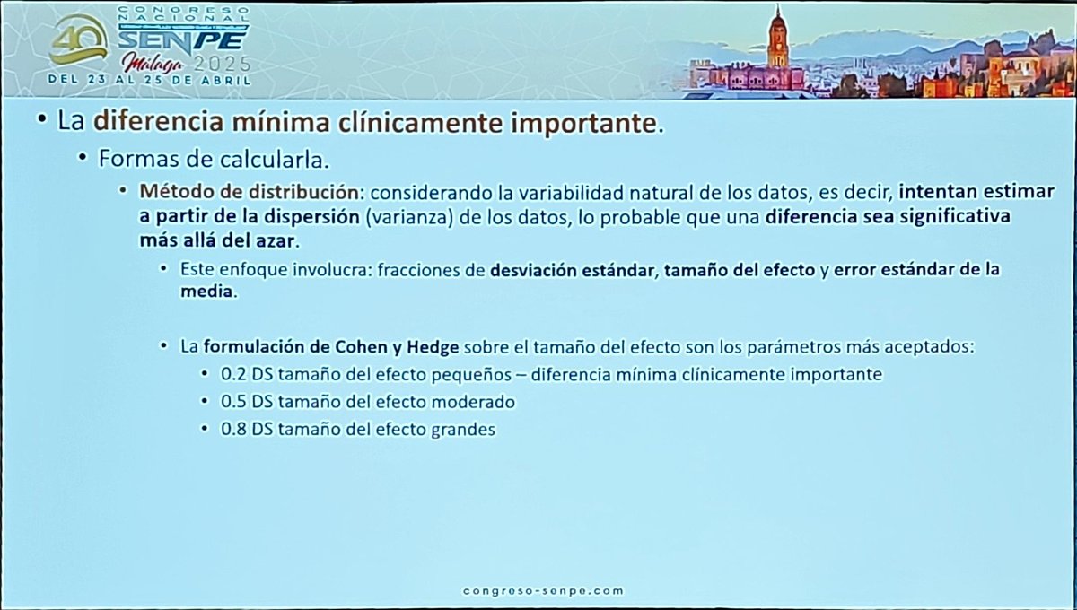 Metodo estadistico o basado en el ancla, basado en resultados clinicos, vs metodo de distribución,  considerando variabilidad de datos vs método basado en opinion de expertos
#SENPE2025