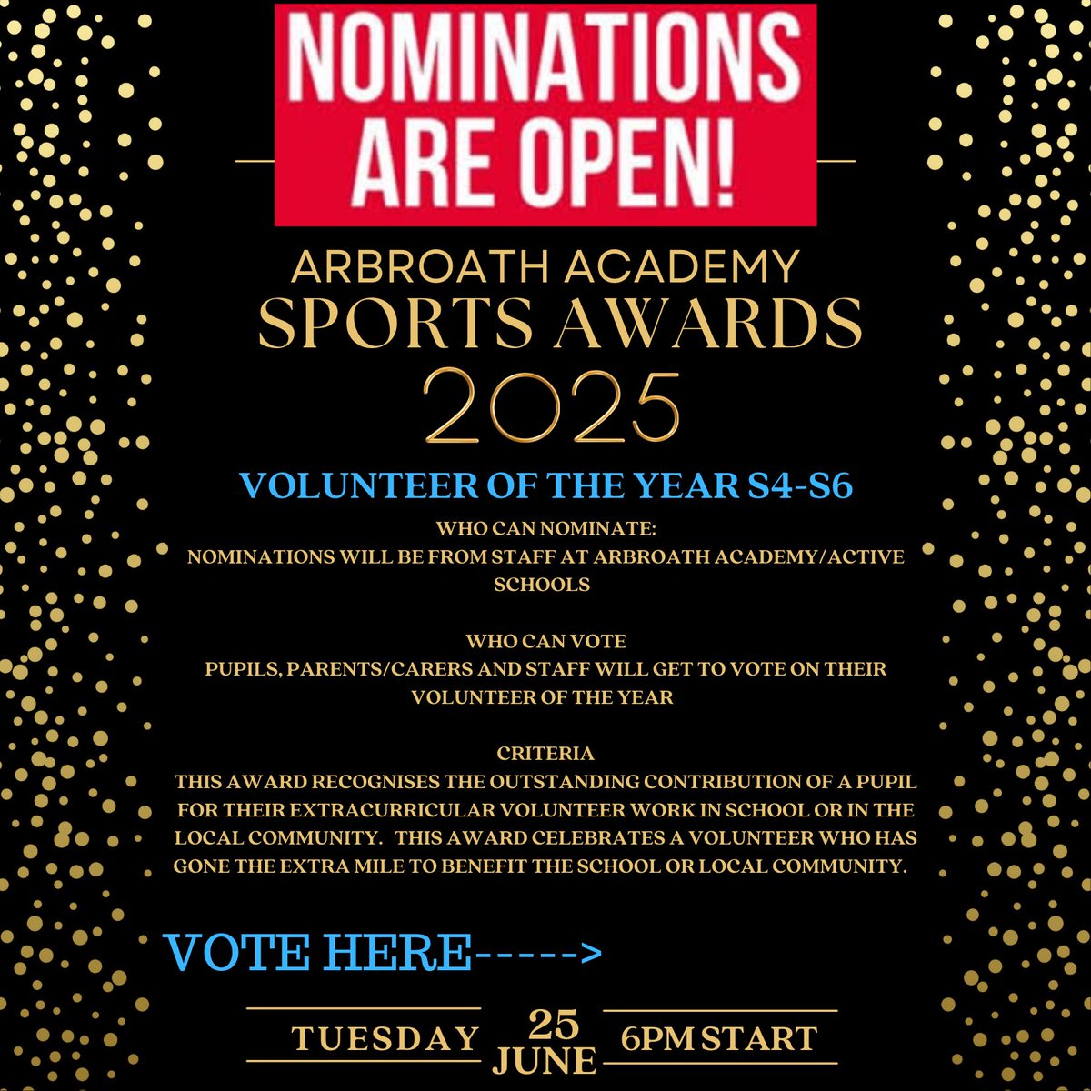 🏆🏆🏆SPORTS AWARDS🏆🏆🏆

‼️‼️NOMINATIONS OPEN ‼️‼️

All information on parent sway but the following categories are now open for pupils and parents to vote. 

Parents can vote for sport personality on the link below. 

Sport personality ONLY 

forms.office.com/Pages/Response…