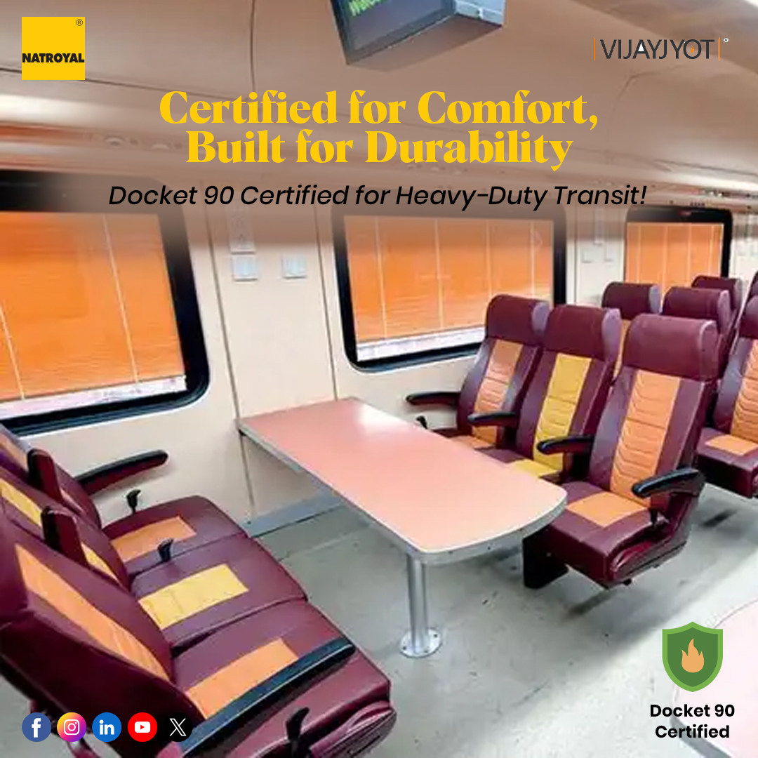 NatroyalGroup's tweet image. Our #SeatingComponents Division is #Docket90 Certified, delivering unrivaled durability, comfort &amp;amp; safety for #railways #metros &amp;amp; #buses 

Trusted. Tested. Transit-ready

#docket90certified #heavydutytransit  #industrystandard #natroyalgroup #vijayjyot  #builttolast #locomotive