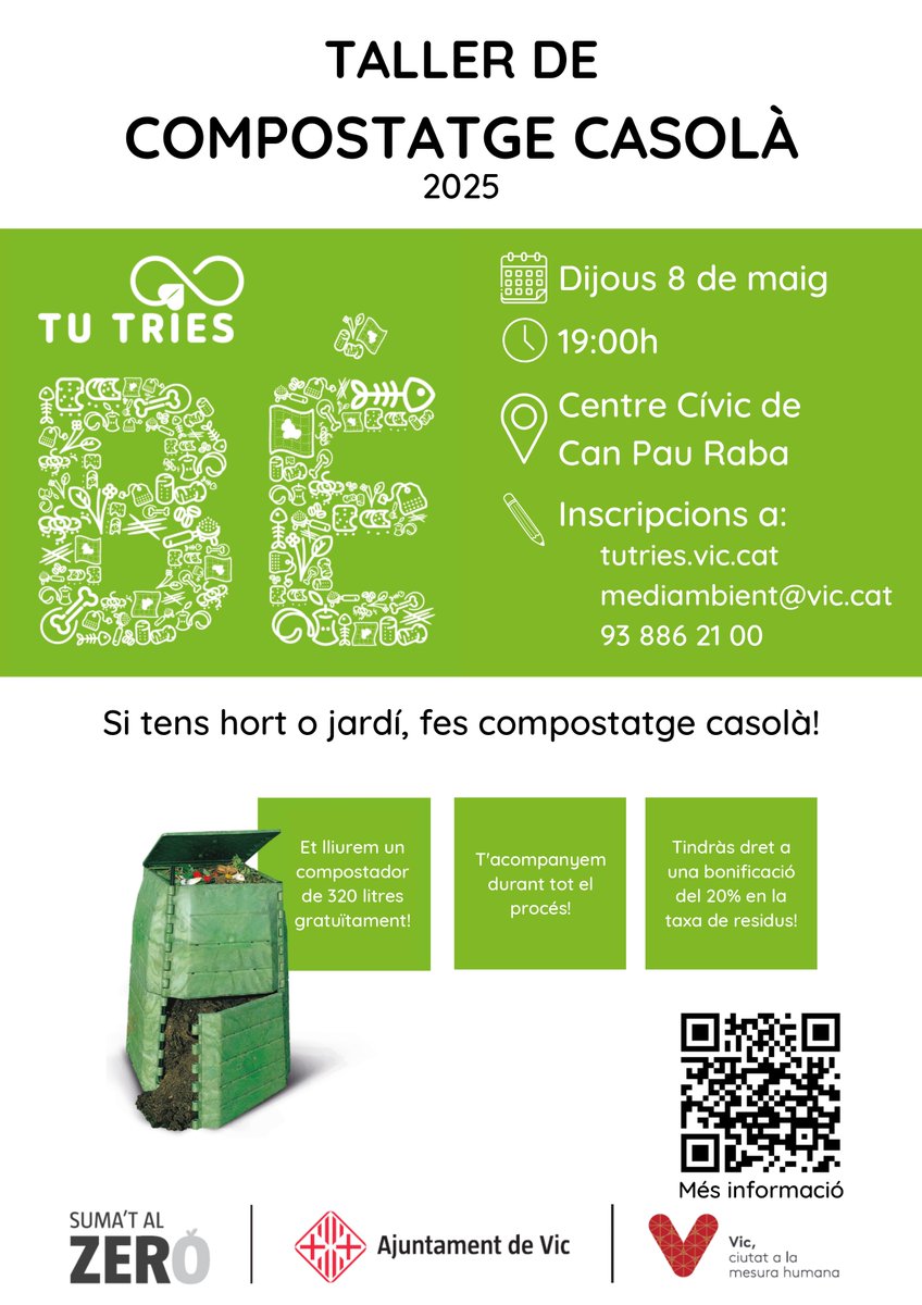 vic_mediambient's tweet photo. Amb la primavera, nou taller de #compostatge casolà!🌱Serà el dijous 8 de maig a les 7 de la tarda @CCVicCanPauRaba
⚠️Inscripcions obertes, places limitades!
Activitat inclosa a la Setmana Internacional del Compost♻️ #ICAW @residuscat 
ℹ️més informació👉https://t.co/8R4r89b4w8 https://t.co/qzK9OXM4mu