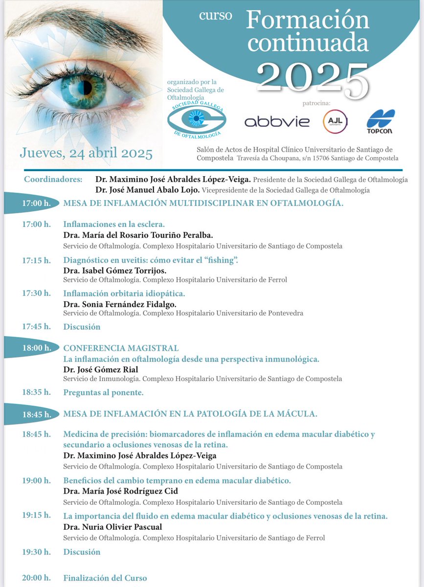 OftalmoGaliciaSGO (@oftalmogalicia) on Twitter photo Esta tarde tendremos el Curso de Formación Continuada de la SGO. Tema monográfico: inflamación en Oftalmología. Contaremos con la participación como ponente de <a href="/gomez_rial5/">Jose Gomez Rial</a>, uno de los inmunólogos españoles de mayor prestigio. Un lujo contar con su presencia <a href="/AbbVie_ES/">AbbVie España</a> Esta tarde tendremos el Curso de Formación Continuada de la SGO. Tema monográfico: inflamación en Oftalmología. Contaremos con la participación como ponente de <a href="/gomez_rial5/">Jose Gomez Rial</a>, uno de los inmunólogos españoles de mayor prestigio. Un lujo contar con su presencia <a href="/AbbVie_ES/">AbbVie España</a>