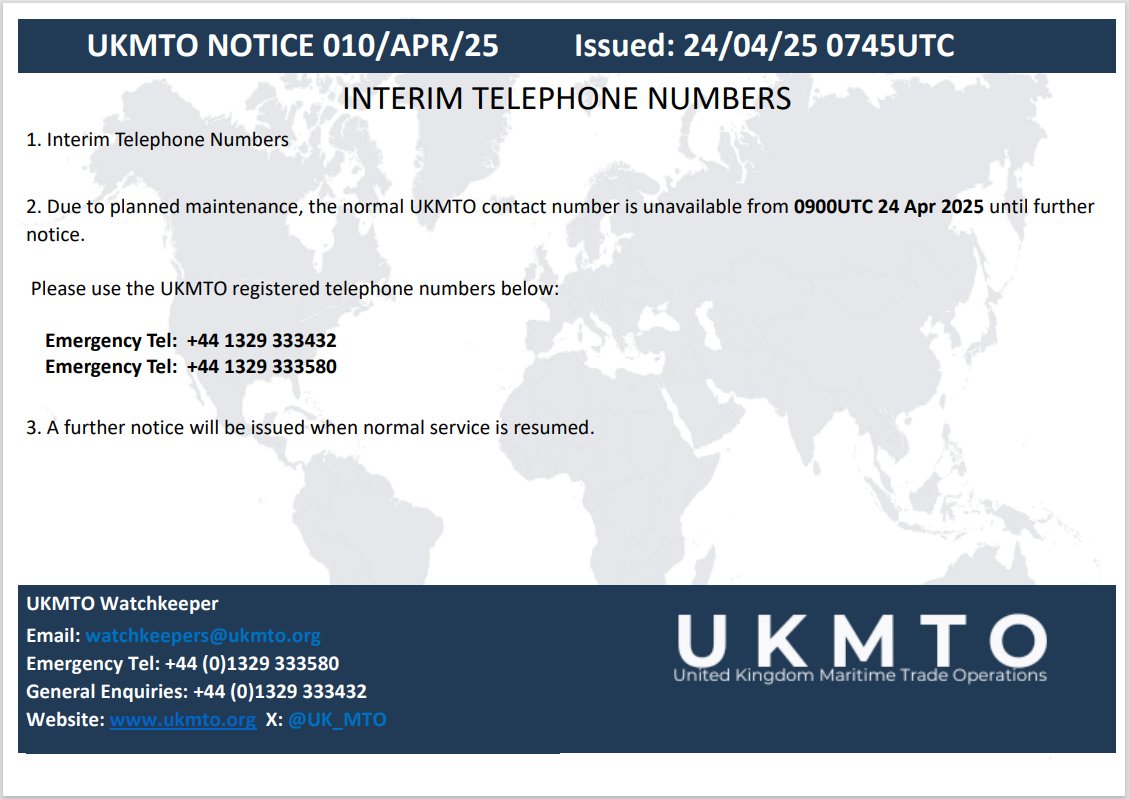 UKMTO NOTICE 010/APR/25

ukmto.org/ukmto-products…

#MaritimeSecurity #MarSec
