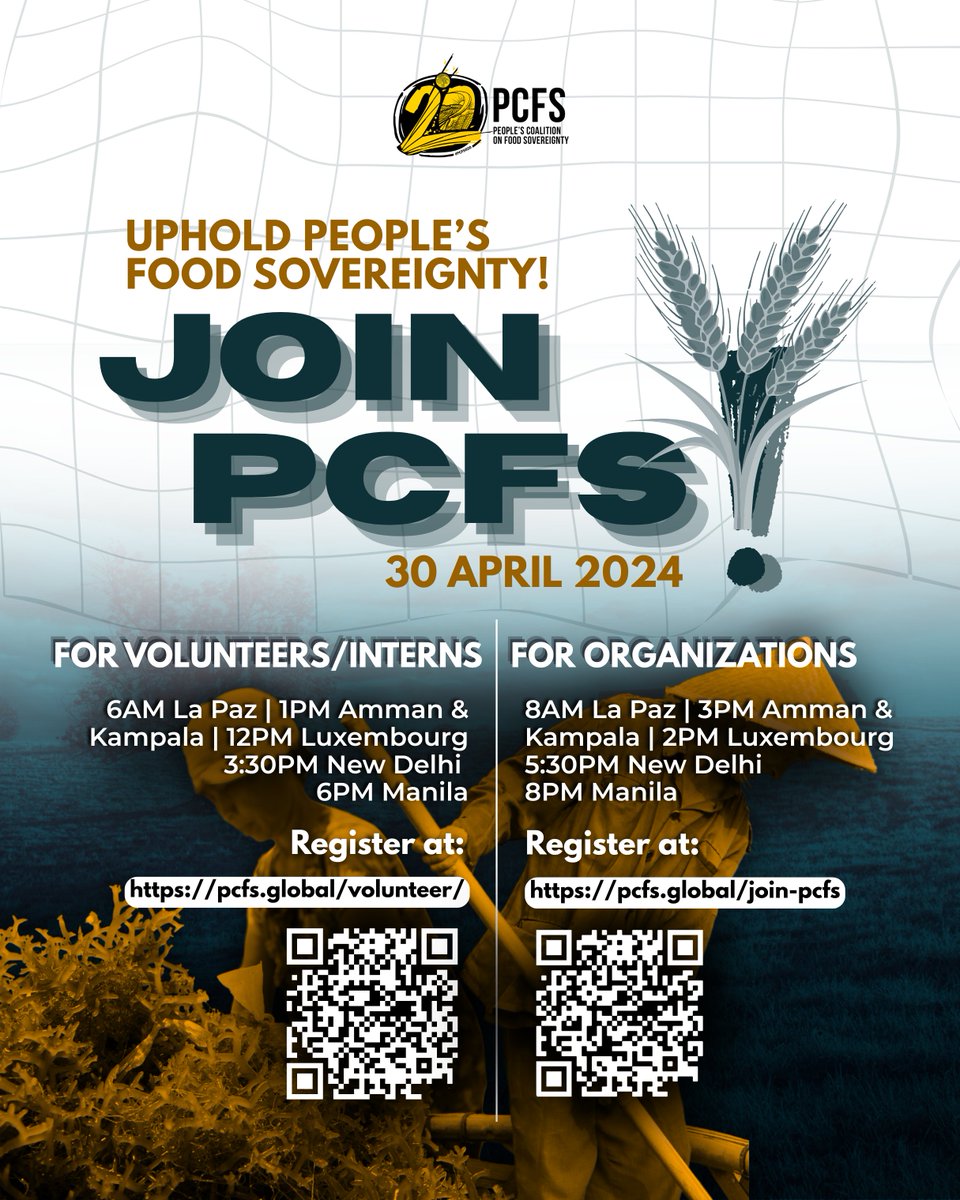 Rise for food sovereignty! JOIN @pcfsglobal🌾

📢 On APRIL 30, we will have an online orientation for orgs + individuals ready to confront imperialist plunder in pursuit of people's food sovereignty!

🔗 Members: pcfs.global/join-pcfs
🔗 Volunteers: pcfs.global/volunteer/