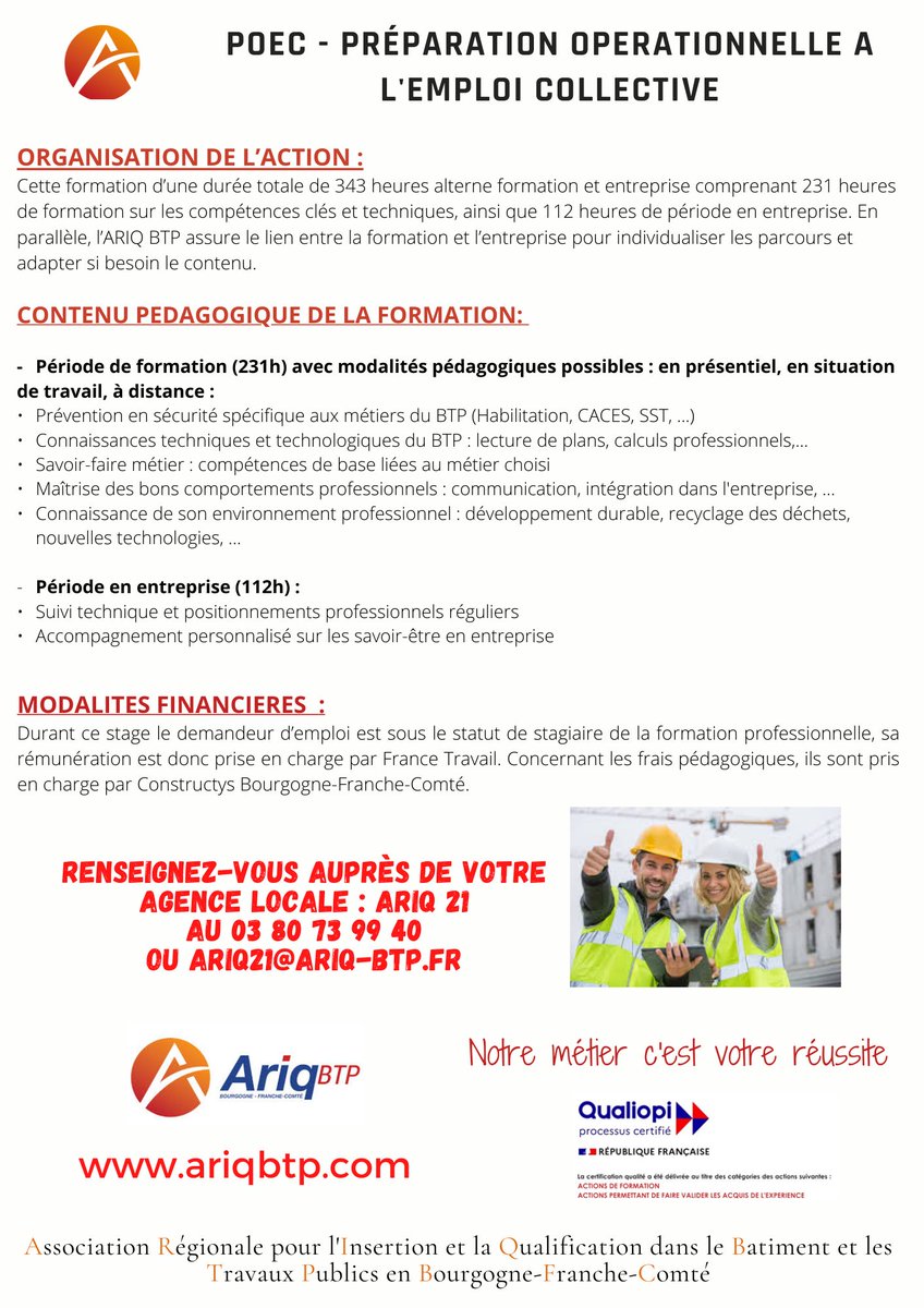📅 Une POEC (Préparation Opérationnelle à l'Emploi Collective) est proposée à DIJON du  21 mai au 1er aout 2025 afin de vous aider à décrocher un emploi identifié dans ce secteur. Pour plus d'informations, 03 80 73 99 40 ou par mail : ariq21@ariq-btp.fr