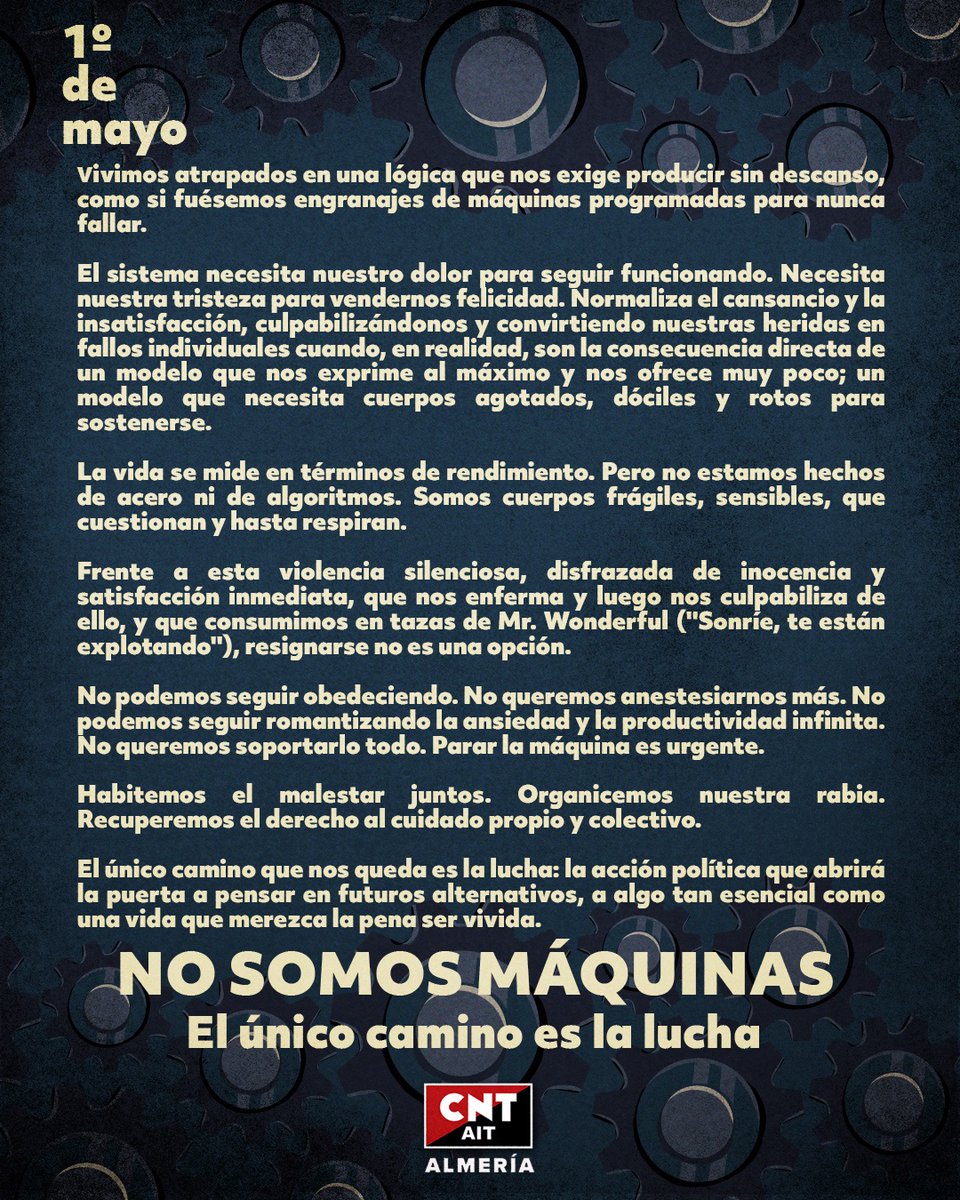 CA_AIT_Alm's tweet photo. 🔴⚫️1º DE MAYO🔴⚫️
NO SOMOS MÁQUINAS.
El único camino es la lucha.
@AIT_Espana 

Cartel: @BrothersCreativ https://t.co/qC7HaOoHgy