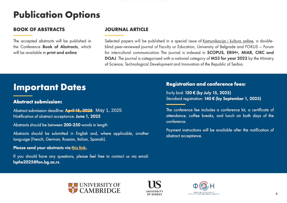 CLA: Cercle de Lingüística Aplicada (@udlcla) on Twitter photo 🚨Extended CFP!🚨
Submit your abstract for the 10th LSPHE Conference 2025 at <a href="/BelgradeUni/">Belgrade University</a>: The Evolving Landscape of Languages for Specific Purposes in Higher Education
🗓️ New deadline: May 1
🎤 Our CLA member Elisabet Arnó (<a href="/ArnoElisabet/">Elisabet Arnó</a>) is a keynote speaker!
⬇️More info below 🚨Extended CFP!🚨
Submit your abstract for the 10th LSPHE Conference 2025 at <a href="/BelgradeUni/">Belgrade University</a>: The Evolving Landscape of Languages for Specific Purposes in Higher Education
🗓️ New deadline: May 1
🎤 Our CLA member Elisabet Arnó (<a href="/ArnoElisabet/">Elisabet Arnó</a>) is a keynote speaker!
⬇️More info below
