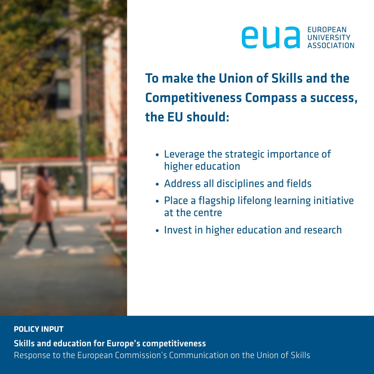 EUA (@euatweets) on Twitter photo The <a href="/EU_Commission/">European Commission</a>'s Communication on the #UnionOfSkills is a timely call for more, better investment in citizens’ skills and competencies.
In its response, EUA highlights the need for a strategic, enduring approach to enhance Europe’s lifelong and continued learning capacities. The <a href="/EU_Commission/">European Commission</a>'s Communication on the #UnionOfSkills is a timely call for more, better investment in citizens’ skills and competencies.
In its response, EUA highlights the need for a strategic, enduring approach to enhance Europe’s lifelong and continued learning capacities.