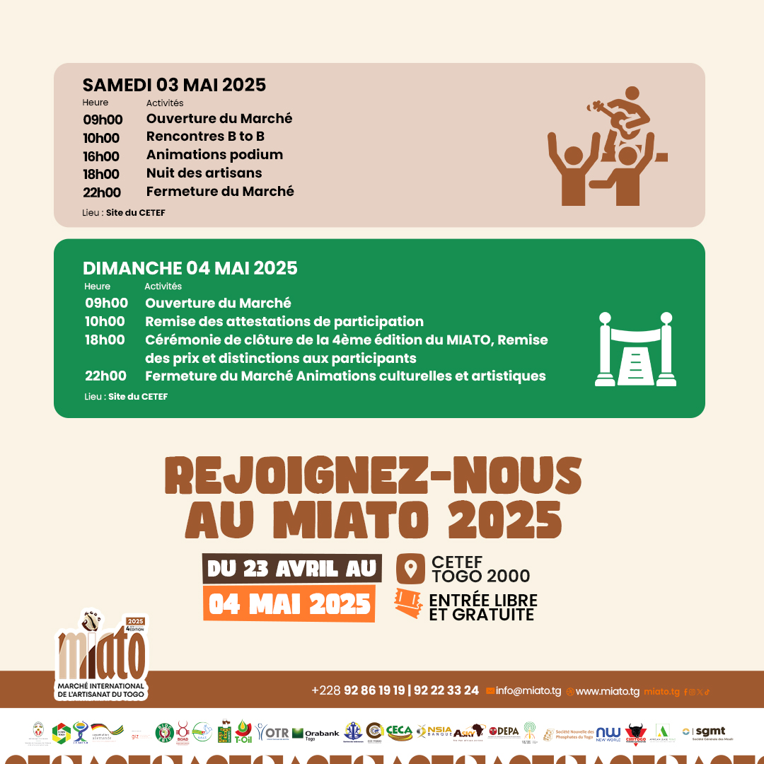 📣 Le programme du MIATO 2025 est dispo !

Expos, concerts, ateliers, panels… 12 jours d’artisanat et de culture à ne pas manquer 🎉

📅 23 avril – 4 mai | 📍 CETEF
🎟️ Entrée gratuite
#MIATO2025 #ProgrammeMIATO #TousAuCETEF