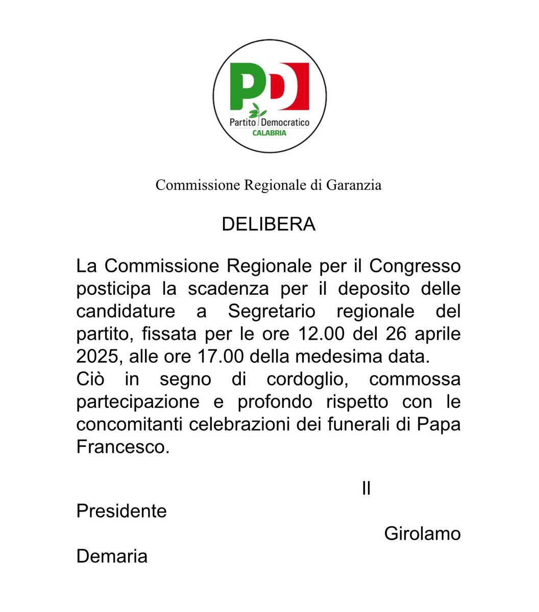 PDCalabria's tweet image. La Commissione Regionale per il Congresso ha deciso di posticipare la scadenza per la presentazione delle candidature a Segretario regionale dalle h 12 alle h 17 del 26 aprile

Una scelta fatta in segno di cordoglio e rispetto per le celebrazioni dei funerali di Papa Francesco