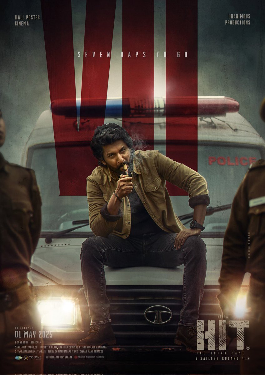 #Hit3 
Synopsis - Arjun Sarkaar, an SP in HIT at Visakhapatnam, gets assigned to a case for HIT in Jammu and Kashmir to catch a group of serial killers who are responsible for the gruesome murders of several people.

Starring 
#Nani | #SrinidhiShetty 

A #SaileshKolanu
