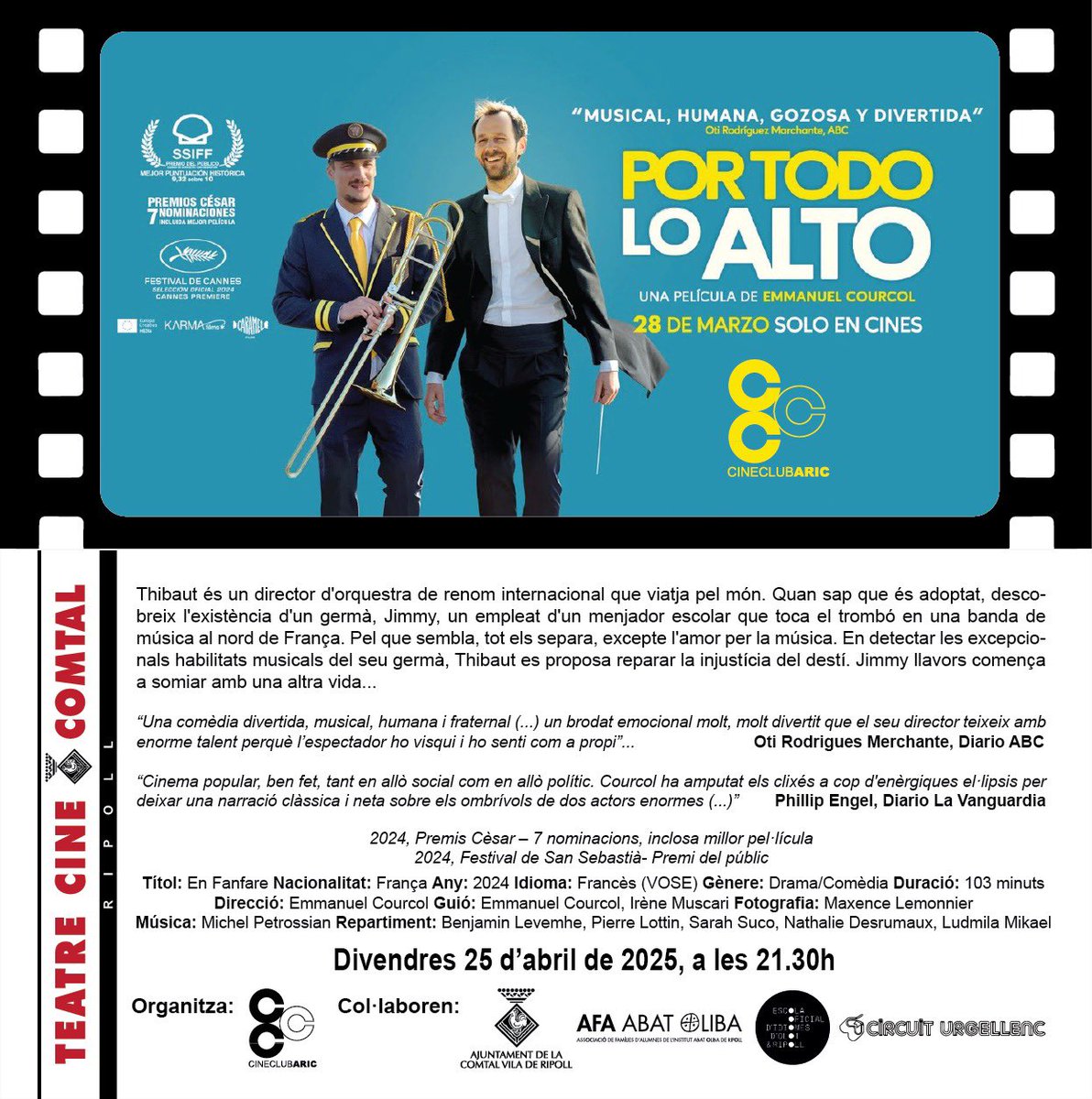 Què diu la crítica sobre “Por todo lo alto”?

Demà, a les 21:30 al Teatre Cinema Comtal de Ripoll.

#PorTodoLoAlto #CineClub #Ripoll #cinedepoble