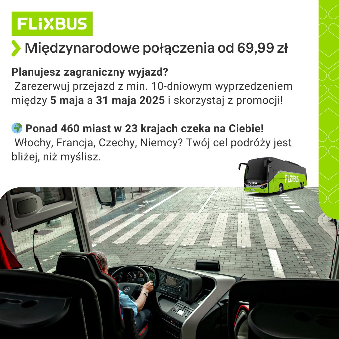 FlixBus_PL's tweet image. 🔔 Przypominamy: trwa promocja na międzynarodowe przejazdy z FlixBusem!
✅ Zarezerwuj z min. 10-dniowym wyprzedzeniem
✅ Podróże między 5 a 31 maja 2025

Bilety dostępne na flixbus.pl 👈