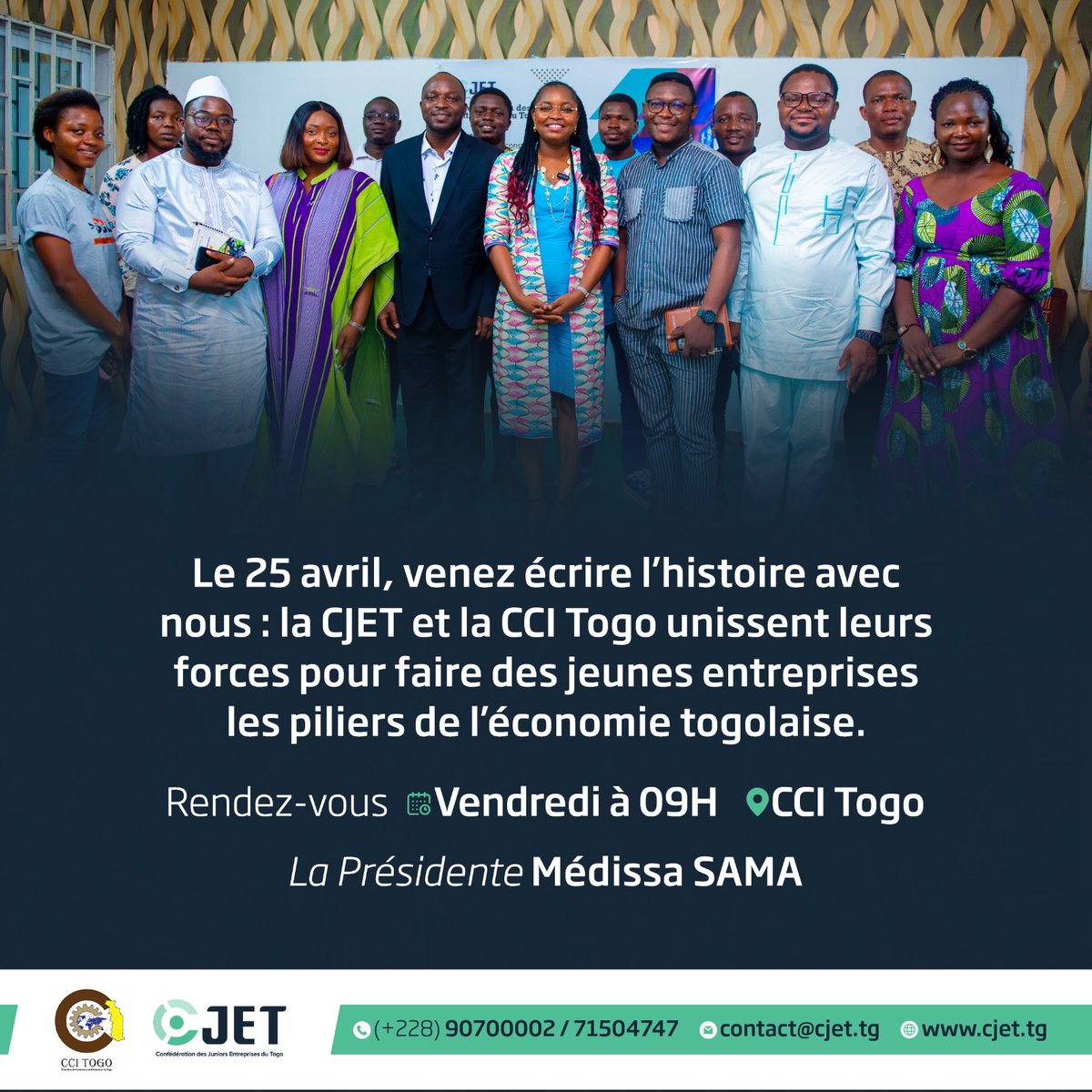 COMMUNIQUÉ OFFICIEL – PARTENARIAT STRATÉGIQUE

La Confédération des Juniors Entreprises du Togo (CJET) franchit une nouvelle étape décisive pour l’avenir des jeunes entreprises !

Nous avons l’honneur de vous inviter à la cérémonie officielle de signature de la convention de