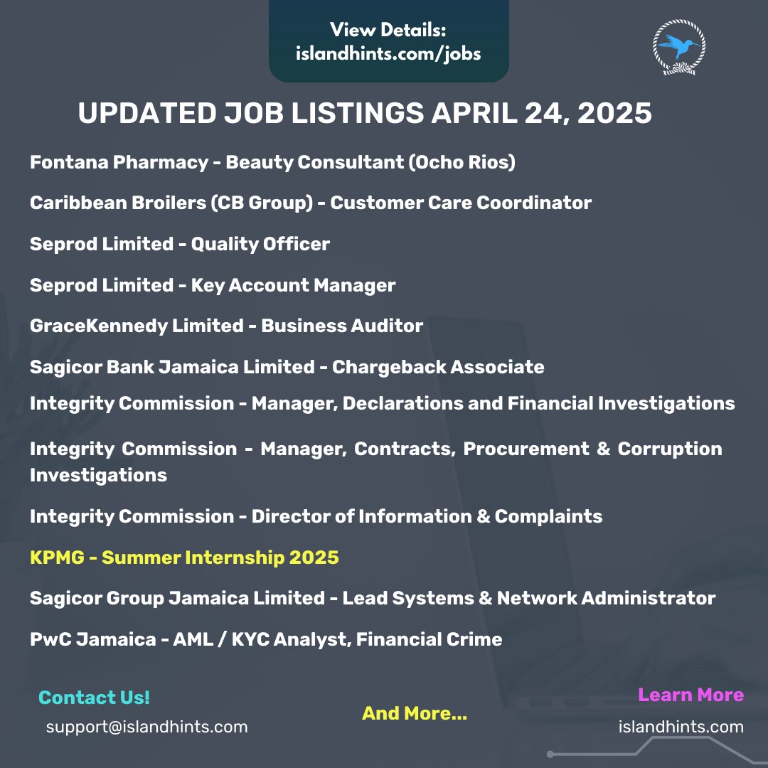 Check out these new job openings:

🔗 Apply Now: islandhints.com/jobs

⚠️ Applications can’t be submitted on our website. Follow the job listing for full details.

👥 Tag someone looking for work &amp; follow <a href="/islandhints/">Islandhints</a> for more daily job updates!

#JobsInJamaica #IslandHints
