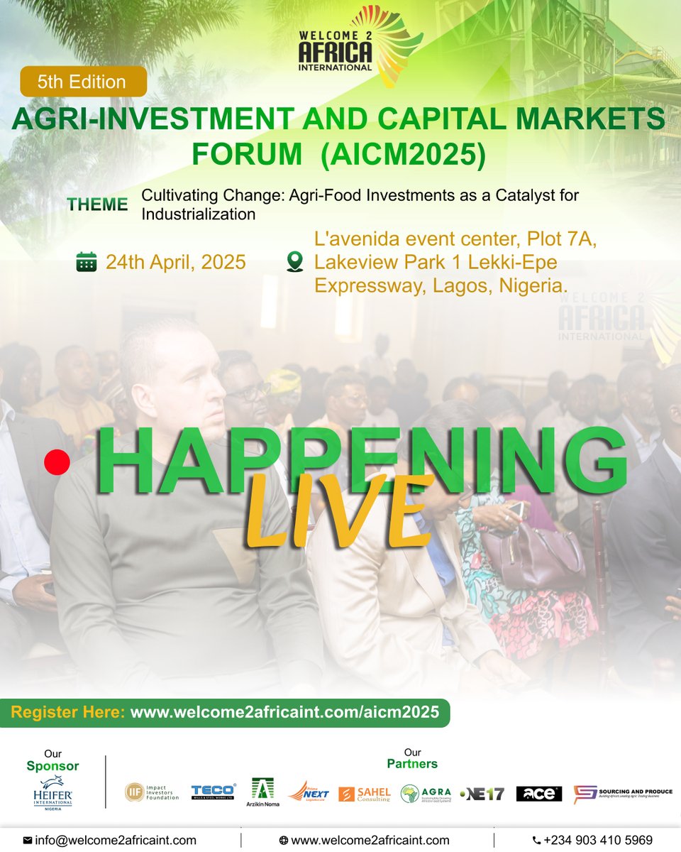 Happening LIVE in Lagos!

The 5th Edition of #AICM2025 is officially underway!

Panels, networking &amp; high-impact investment convos are in full swing.

📍 La’venida Event Centre

It’s not too late to join us: welcome2africaint.com/aicm2025

#Welcome2africa
#InvestInAfrica #AgriInvestment