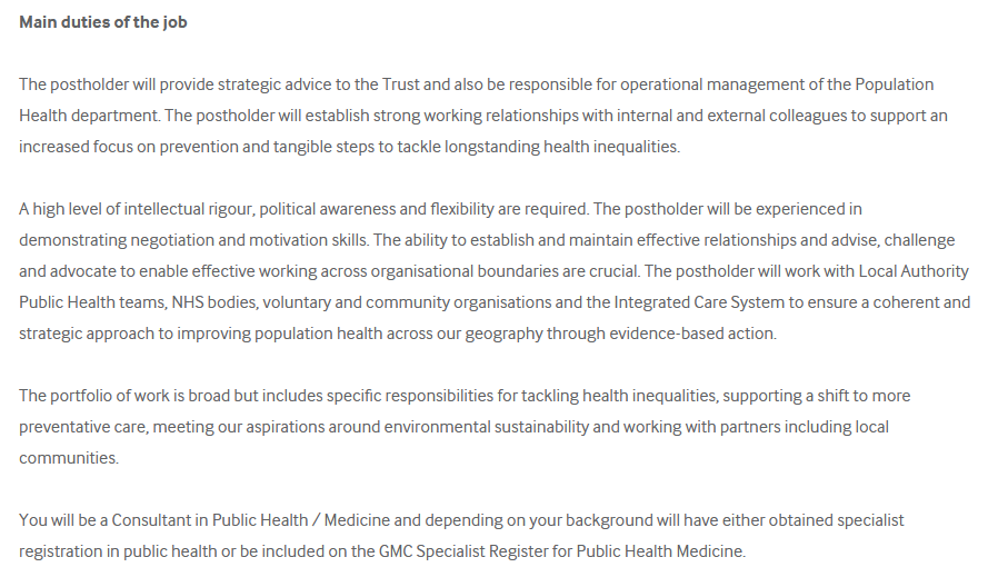 Consultant in Public Health
South Tyneside and Sunderland NHS Foundation Trust
South Shields 
£88,168 to £101,677
Closes 07/05

bmj.com/healthcareers/…