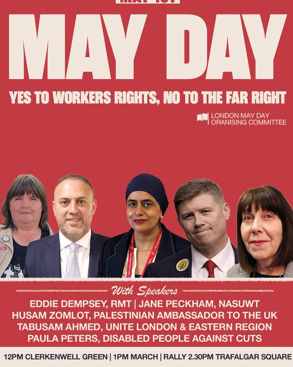 📣Your #LDNMayDay lineup #MayDay2025

Join us as we say 'yes to workers rights, no to the far right'

🗓️1 May | 📍Clerkenwell Green

Assemble 12 noon 

#MayDay #RedForWorkers