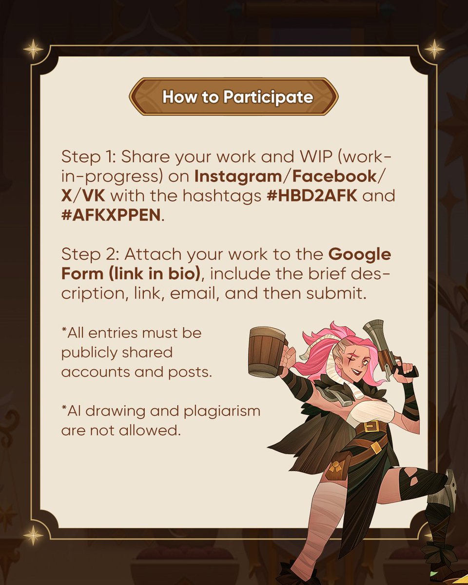 Greetings Adventurers!

🎉 AFK Arena x @XPPen: #MonstersGoneWild Global Creation Contest is Coming!
👾 Heroes off-duty, monsters take over!
When Dreaf steals the celebration cake, Stexius grabs the mic to belt out a song, and Fenix dances wildly in the banquet hall... This time,