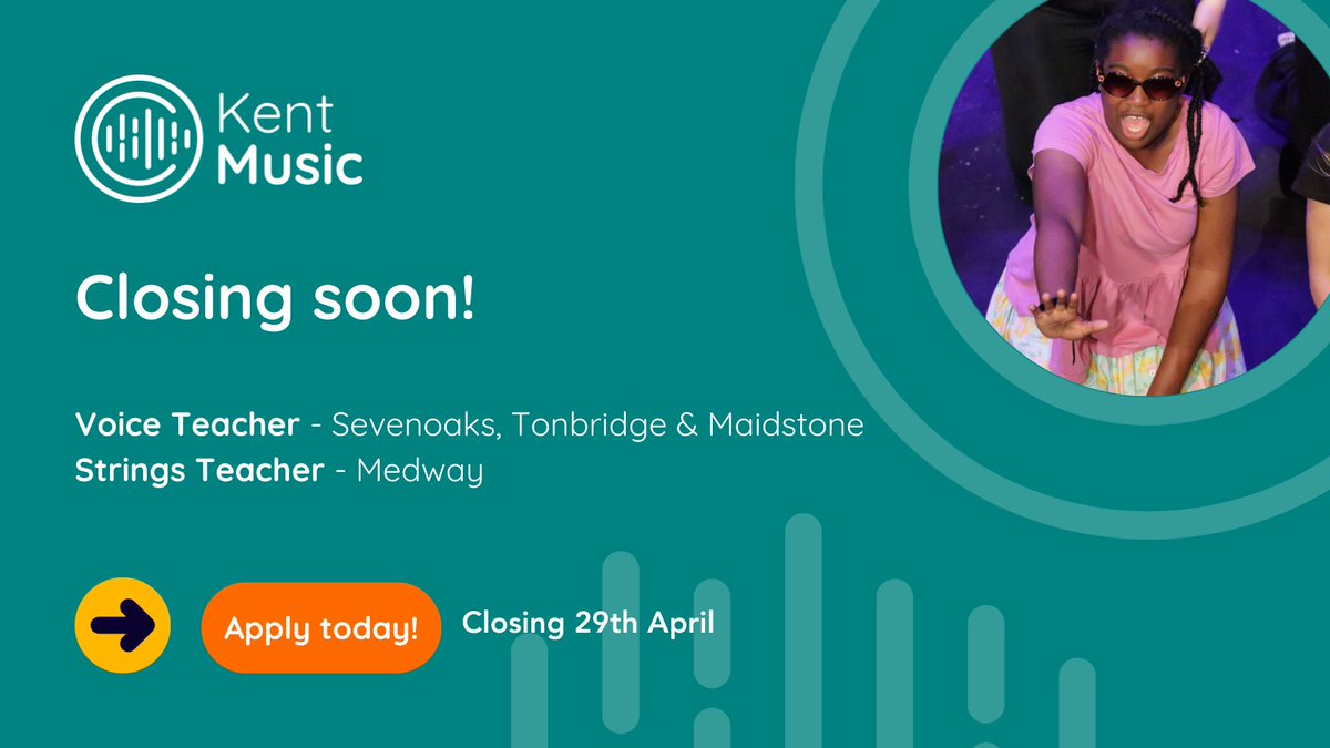 🎶 We’re hiring!

Join our team as a:
🎤 Voice Teacher (Sevenoaks, Tonbridge, Maidstone)
🎻 Strings Teacher (Medway)

Flexible part-time roles supporting young musicians across Kent &amp; Medway.

📅 Apply by Tuesday 29 April
🔗 kent-music.com/about-us/join-…