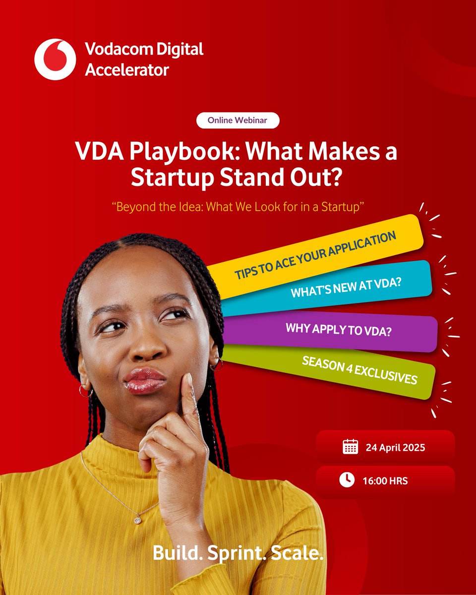 VodacomAccelTZ's tweet photo. Did you miss our regional tour?
Weโve got a front-row seat just for you. Join us today at 4PM EAT for the VDA Webinar โ insider tips, what's new in Season 4, and how to craft a winning application. ๐ #VDAS4
Register here: https://t.co/VTdcm9rJLa https://t.co/iQNkKq6K5d
