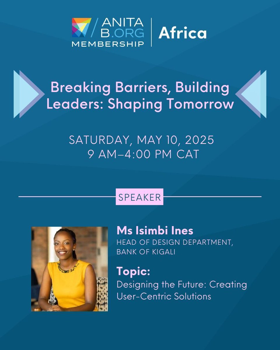 We're excited for <a href="/BankofKigali/">Bank of Kigali Official</a>'s Head of Design Ms.Isimbi Ines's session on Designing the Future: Creating User Centric Solutions. 

Join us <a href="/cmu_africa/">Carnegie Mellon University Africa</a> for our Leadership Event with <a href="/AnitaB_org/">AnitaB.org</a> on May 10. 

Register shorturl.at/NC0xW  
<a href="/delphinenyabo12/">delphine nyaboke</a>
 #AnitaBAfrica