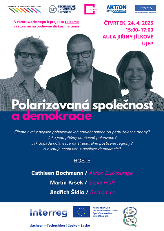 Dnes od 15 hod. na <a href="/PolSci_FF_UJEP/">Katedra politologie FF UJEP</a> #UJEP s <a href="/Cathybochmann/">Cathleen Bochmann</a> Martin Krsek ze <a href="/SenatCZ/">Senát Parlamentu ČR</a> a <a href="/JindrichSidlo2/">Jindřich Šídlo - NEW</a> 
Tlumočí se mezi češtinou a němčinou. 
Těšíme se na studenty politologie z <a href="/tudresden_de/">TU Dresden</a> a na další společné zážitky s partnery projektu #re_demo z <a href="/azpirna/">Aktion Zivilcourage e.V.</a> a <a href="/EErzgebirge/">Euroregion Erzgebirge e.V.</a>