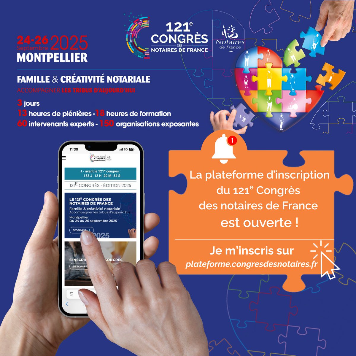 🚨 Inscriptions ouvertes !
Le 121e Congrès des notaires vous attend à Montpellier – Sud de France Arena
📅 24, 25 et 26 septembre 2025
🎯 Thème : Famille &amp; créativité notariale : accompagner les tribus d’aujourd’hui
Un événement à ne pas manquer :
✅ 3 jours de congrès
🎓 18h de