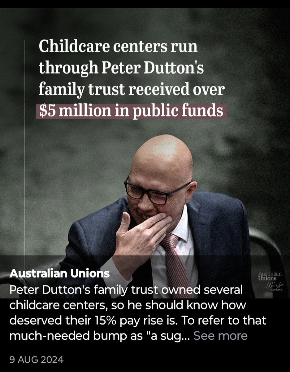 CaraMia200's tweet photo. @marggilroy @barblbake ๐๐๐น#Auspol
Make #Election2025 last #LNPscam.
#LNPCorruptionParty
#DuttonPropertyDeveloper & childcare centre mogul,ignored conflict of interest refusing to absent himself from LNP cabinet meetings re: childcare subsidies.
Naturally,LNP looked the other way. #LNPLostDecade https://t.co/ie605t5tgS