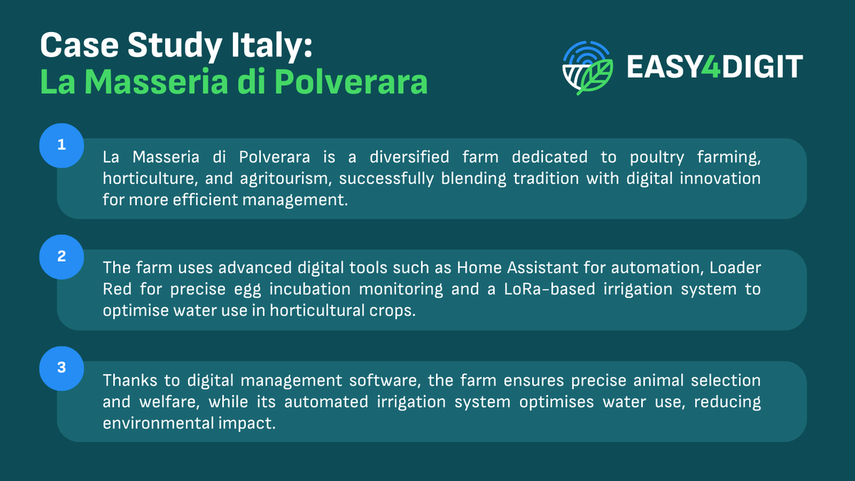 Another great #DigitalAgriculture case from Italy! 🇮🇹 

La Masseria di Polverara blends tradition &amp; innovation using #SmartFarming tools to optimise management while preserving the almost extinct Polverara hen 🐔

Access this &amp; other full case studies 🔗 portal.easy4digit.com