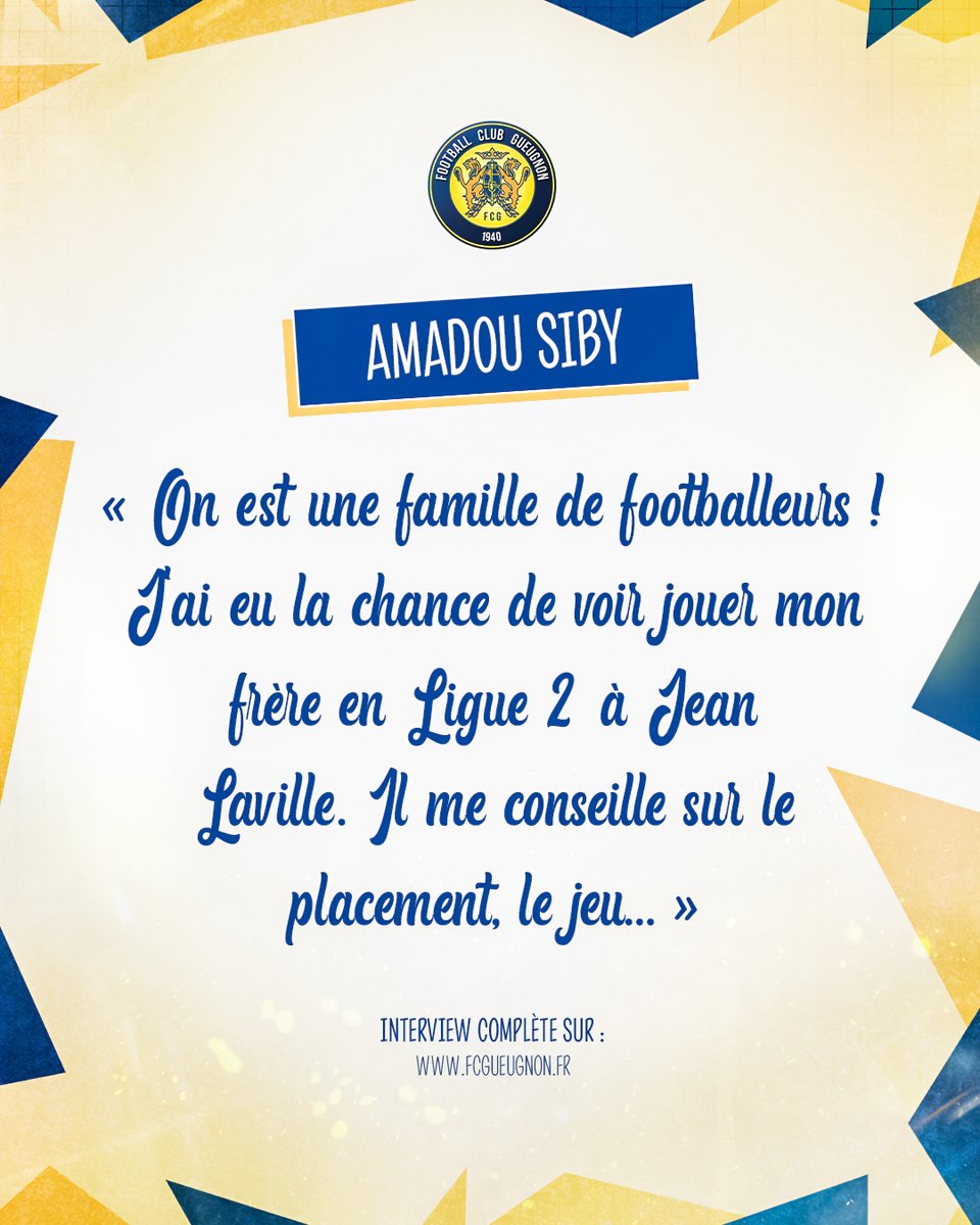 FCGueugnon_Off's tweet photo. 🟡🔵 #TotalFoot | 🎙️ 𝗔𝗺𝗮𝗱𝗼𝘂 𝗦𝗶𝗯𝘆 : « On est une famille de footballeurs ! J'ai eu la chance de voir jouer mon frère en Ligue 2 à Jean Laville. Il me conseille sur le placement, le jeu… »
🎧 En podcast, allez à la rencontre de notre défenseur : https://t.co/UUme5DzzAL https://t.co/byYxJH0iC5