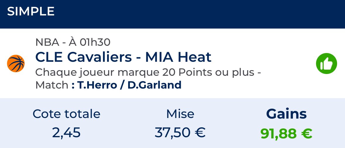 SikaPronos's tweet photo. #NBA

🏀 Herro &amp; Garland 20 points @ 2,45 (1,5%) ✅

Le miracle mais on valide encore une très belle cote ! On continue ce soir ?

50 RT / 100 ❤️ pour le prochain bet https://t.co/TiECzNX4XA