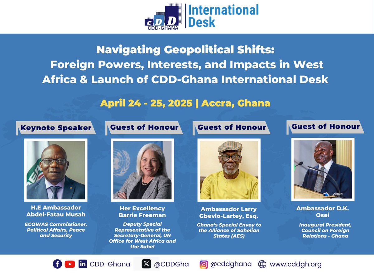 « Naviguer dans les changements géopolitiques : puissances étrangères, intérêts et impacts en Afrique de l'Ouest », <a href="/SahelInstitute/">Sahel Institute</a> participe à cette conférence internationale qui commence aujourd’hui à #Accra par <a href="/CDDGha/">CDD-Ghana</a> <a href="/_AfricanUnion/">African Union</a> <a href="/APRMorg/">African Peer Review Mechanism (APRM)</a> 
<a href="/ecowas_cedeao/">Ecowas - Cedeao</a> #sahel #AES